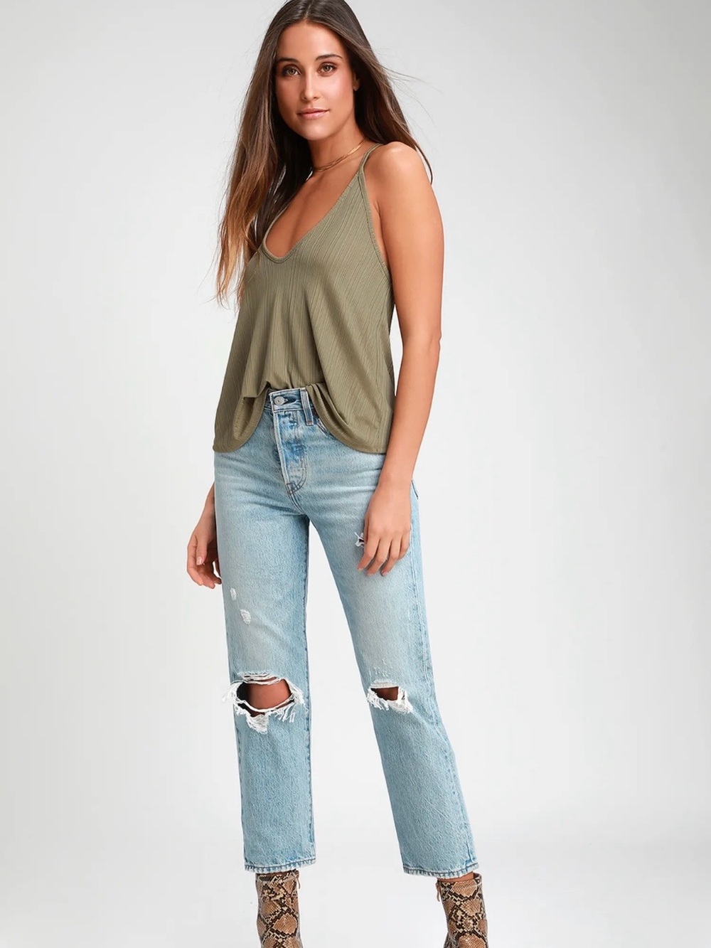 Free People Intimately Slinky Slink Tank Top Olive, size S, EUC!